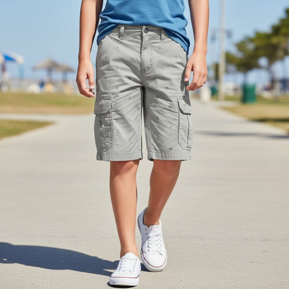 FIRST WAVE Anchors Gray Cargo Shorts Boys Size 8 Preppy Nautical Trendy